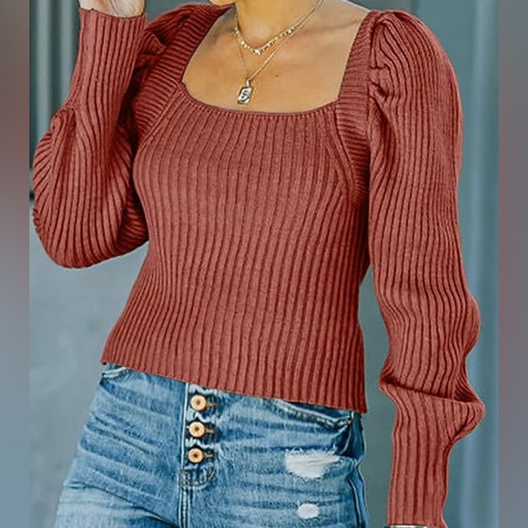 Women's Square Neck Long Lantern Sleeve Sweater Fit Chunky Knitted Pullover - Picture 2 of 6